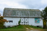 A large old barn with a weathered roof and a white exterior, featuring a mural of colorful flowers and the text 'Clinton County 1810-2010'. Greenery surrounds the barn, and a small window with shutters is visible on the side.