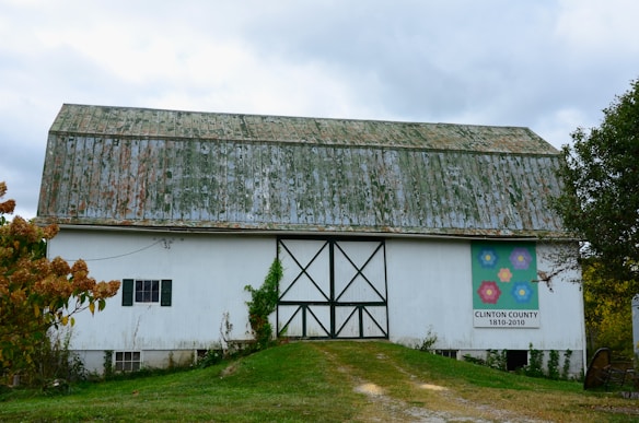 A large old barn with a weathered roof and a white exterior, featuring a mural of colorful flowers and the text 'Clinton County 1810-2010'. Greenery surrounds the barn, and a small window with shutters is visible on the side.