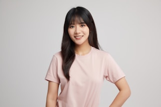 A young woman with long dark hair is smiling at the camera, wearing a light pink t-shirt. She has a relaxed posture with one hand on her hip and stands against a plain background.