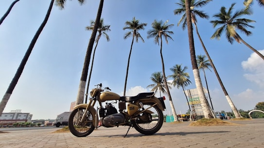 A vintage-style motorcycle is parked on a paved area surrounded by tall palm trees. The sky is bright and clear, with a few clouds visible. In the distance, there are some buildings and greenery, contributing to a tropical and relaxed atmosphere.