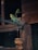 A green and yellow parakeet perches on a branch inside a wooden aviary. The bird exhibits intricate feather patterns. A second parakeet is visible in the background. A wooden toy or decoration hangs next to the branch.