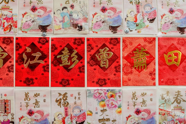 A collection of decorative red and gold paper posters featuring traditional Chinese characters and illustrations. The illustrations depict children in winter clothing engaging in festive activities, surrounded by colorful patterns and symbols. The central text is embellished with intricate floral designs and the arrangement is visually striking.