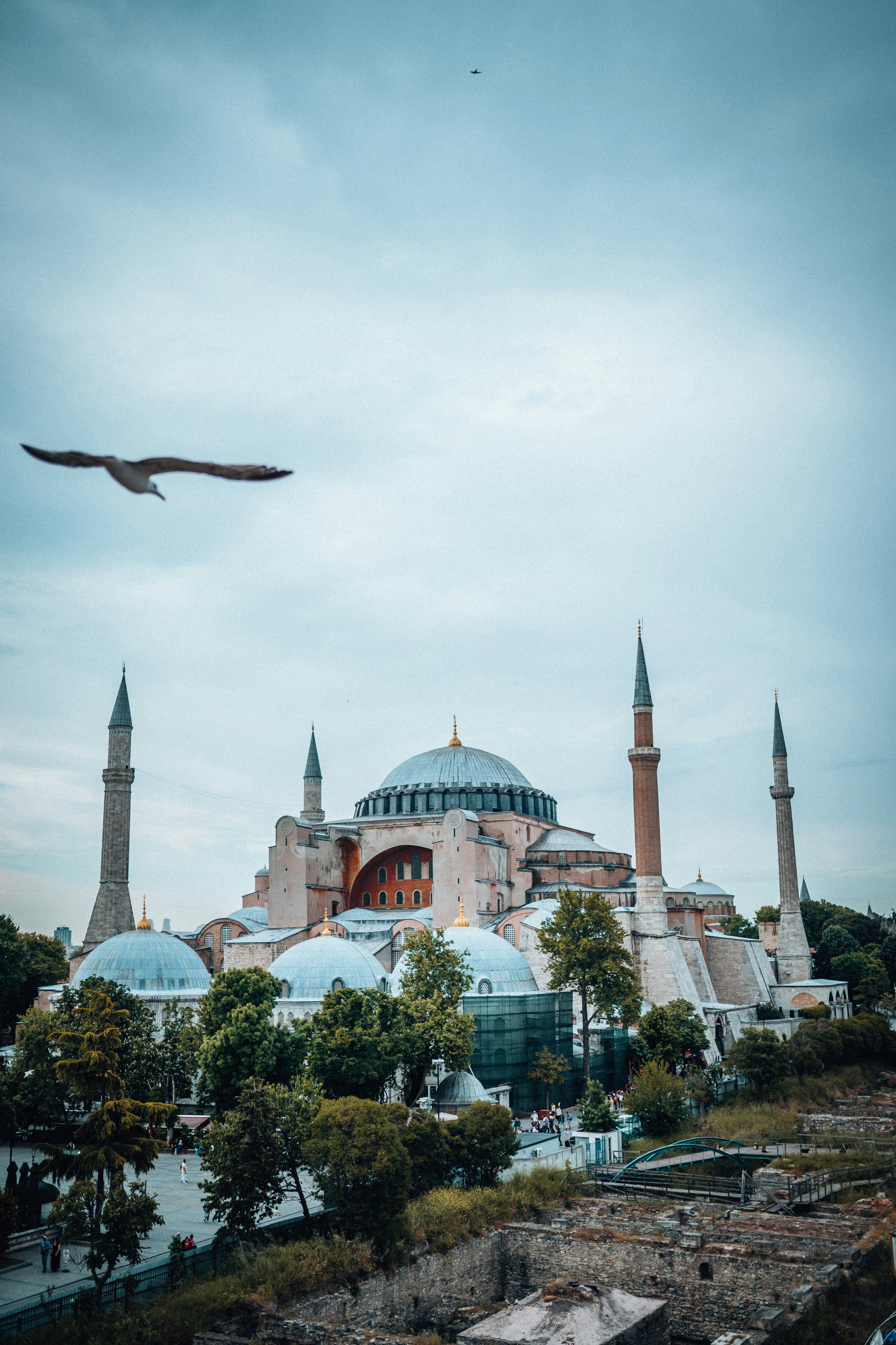 a large bird flying over a large building