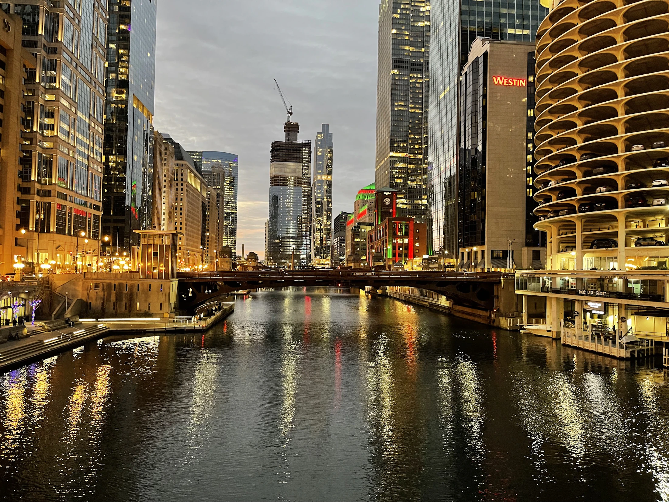 The Chicago River and downtown buildings at dusk