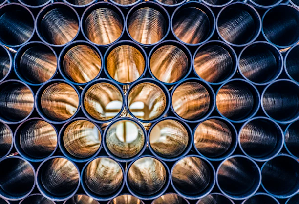a bunch of metal pipes that are stacked together