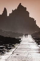 A companion guiding a traveler along a scenic Uttarakhand mountain trail, surrounded by pine trees and mist