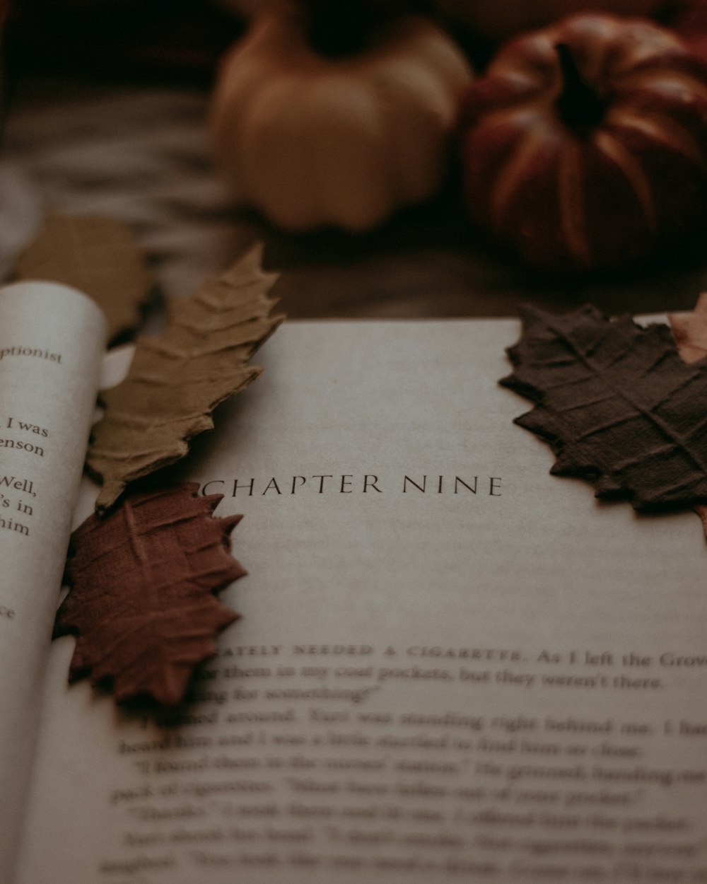 a close up of a book with leaves on it