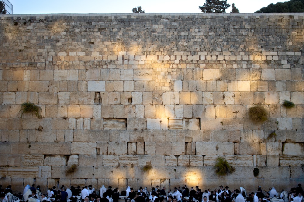 a group of people standing in front of a stone wall