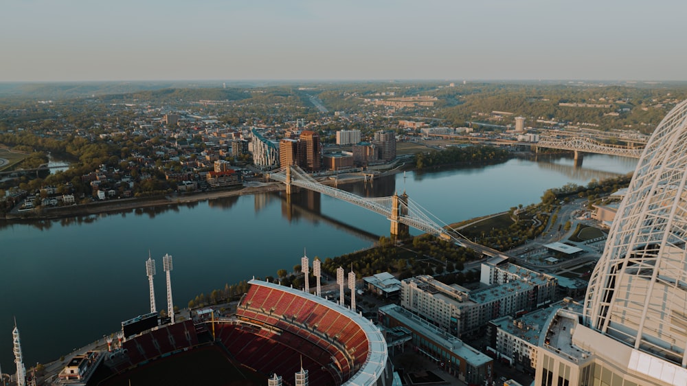 an aerial view of a city and a river