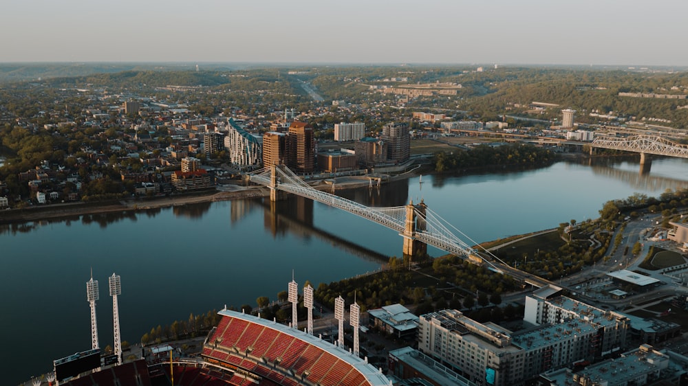 an aerial view of a city and a bridge