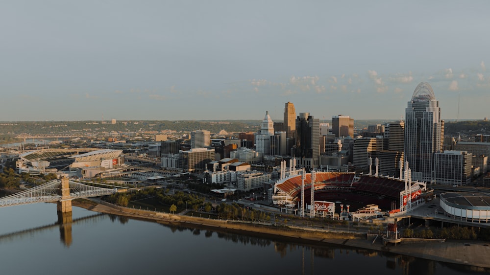 an aerial view of a city with a river running through it