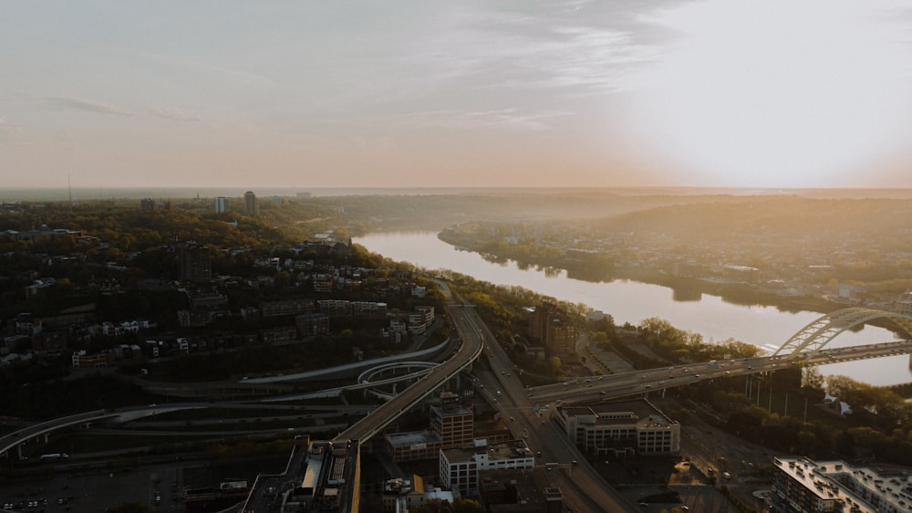 an aerial view of a city and a river