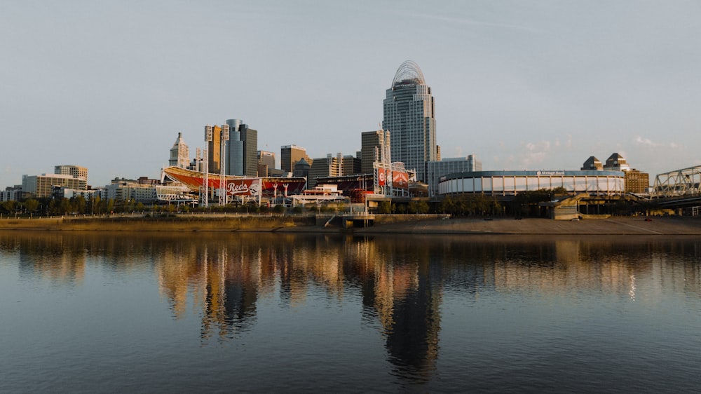 a large body of water with a city in the background