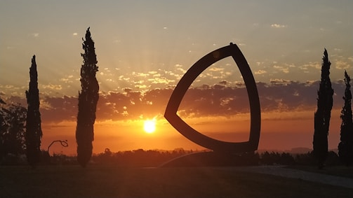 A panoramic view of a sculpture garden bathed in golden sunset light.