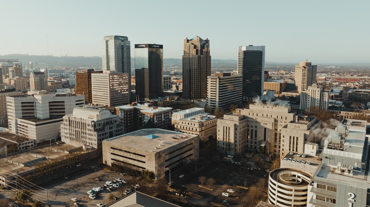 Aerial view of downtown Birmingham, Alabama at sunrise, representing Planifyr's local SEO coverage across Alabama
