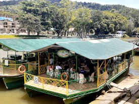 Large, green-roofed riverboat filled with people sitting under covered seating, docked alongside a river. Lush, green trees and hilly terrain are visible in the background. The boat has numbered signs, life rings, and decorative railings.