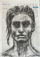 A charcoal drawing of a human face is superimposed over a page of a newspaper filled with text and numbers. The portrait features defined facial features, including intense eyes and a slightly parted lip expression. The background text is visible through the strokes of the charcoal drawing, adding a layered effect.