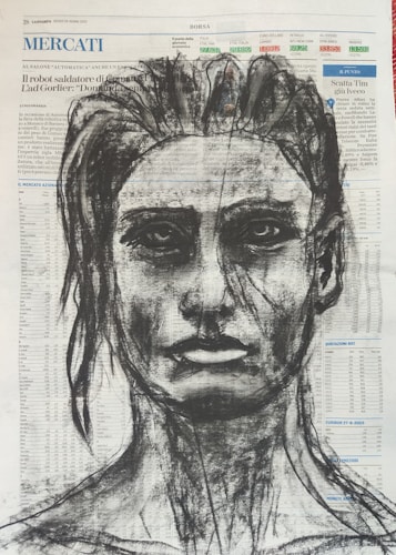 A charcoal drawing of a human face is superimposed over a page of a newspaper filled with text and numbers. The portrait features defined facial features, including intense eyes and a slightly parted lip expression. The background text is visible through the strokes of the charcoal drawing, adding a layered effect.