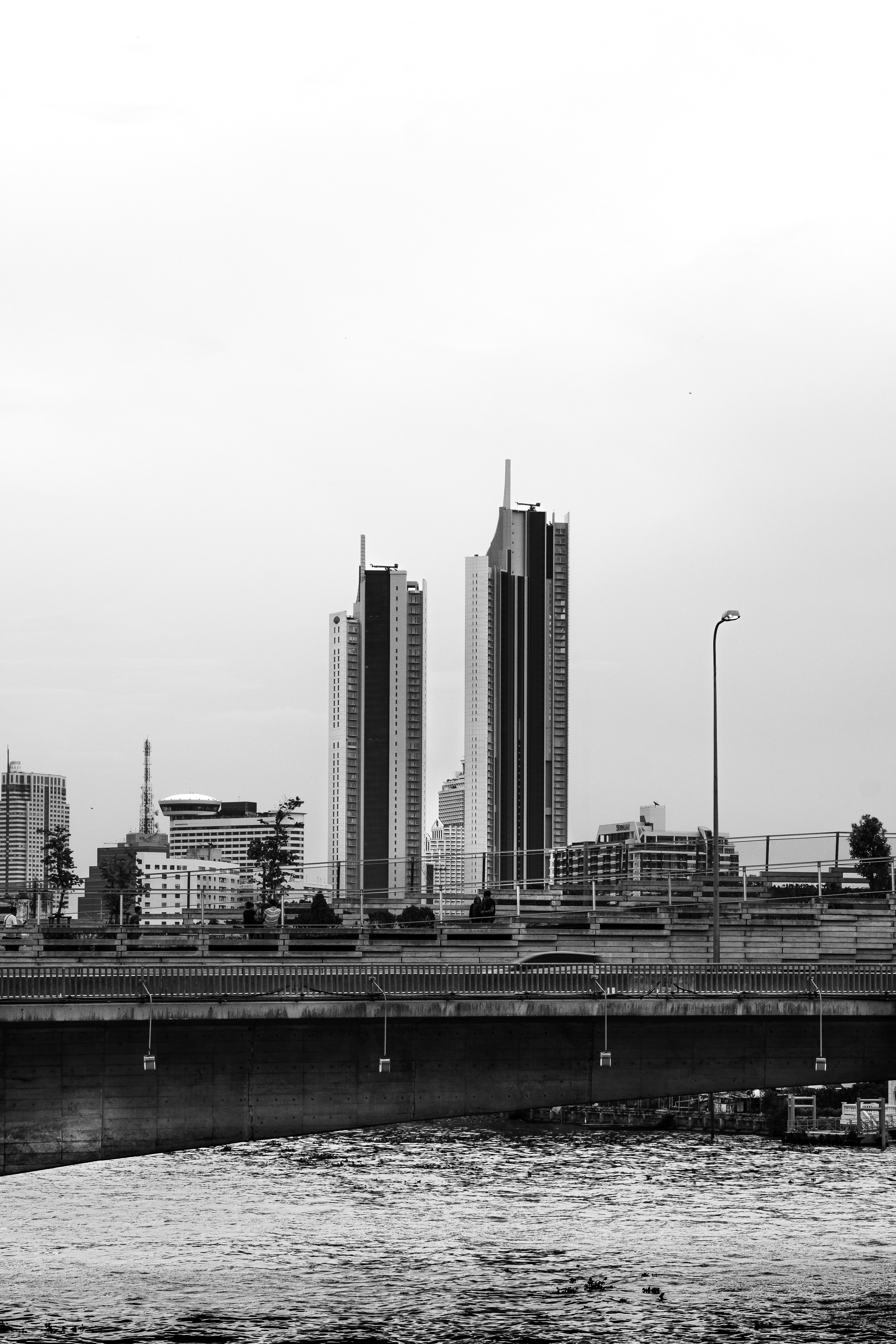 a black and white photo of a bridge over a body of water