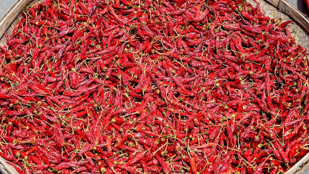 Una canasta llena de muchos pimientos rojos