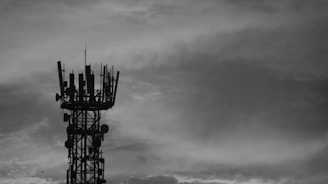 A black and white image of a communication tower with antennas and dishes against a cloudy sky.
