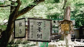 A serene forest setting featuring traditional Japanese hanging signs with calligraphy, suspended from a tree branch. The background includes more signs and elements like stone and wood, creating a peaceful atmosphere.