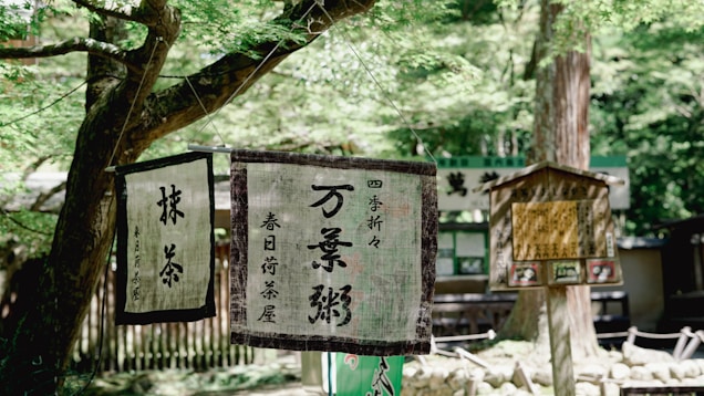 A serene forest setting featuring traditional Japanese hanging signs with calligraphy, suspended from a tree branch. The background includes more signs and elements like stone and wood, creating a peaceful atmosphere.