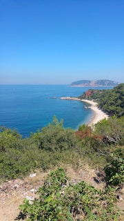 A scenic view of the lush green hills and turquoise waters of Samaná Bay under a clear blue sky.