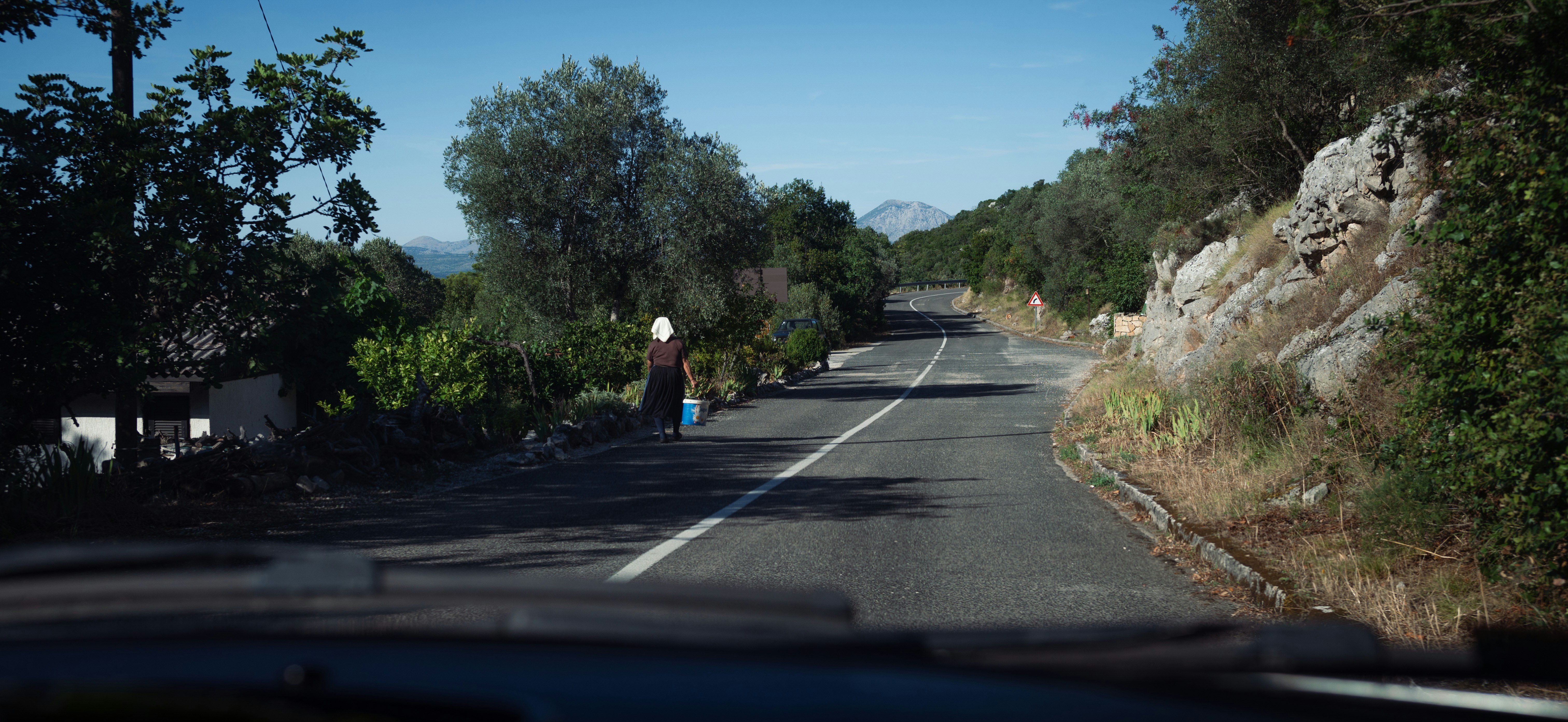 a person walking down a road next to a forest