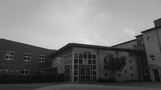 A modern building with a combination of brick and glass architecture, featuring a large entrance flanked by windows. The structure is surrounded by a paved area and a small tree, with the sky visible above.