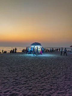 Sunset view of a coastal food market in Banten with various seafood dishes