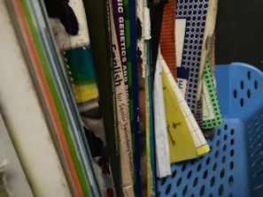 A collection of textbooks and notebooks in various colors with visible spines. Some of the books include subjects like English and sciences. The materials are organized upright in a blue plastic basket.