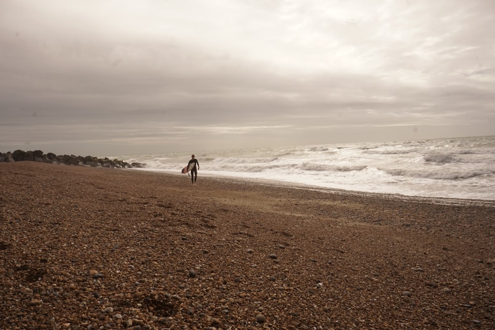 a person walking on a beach with a surfboard