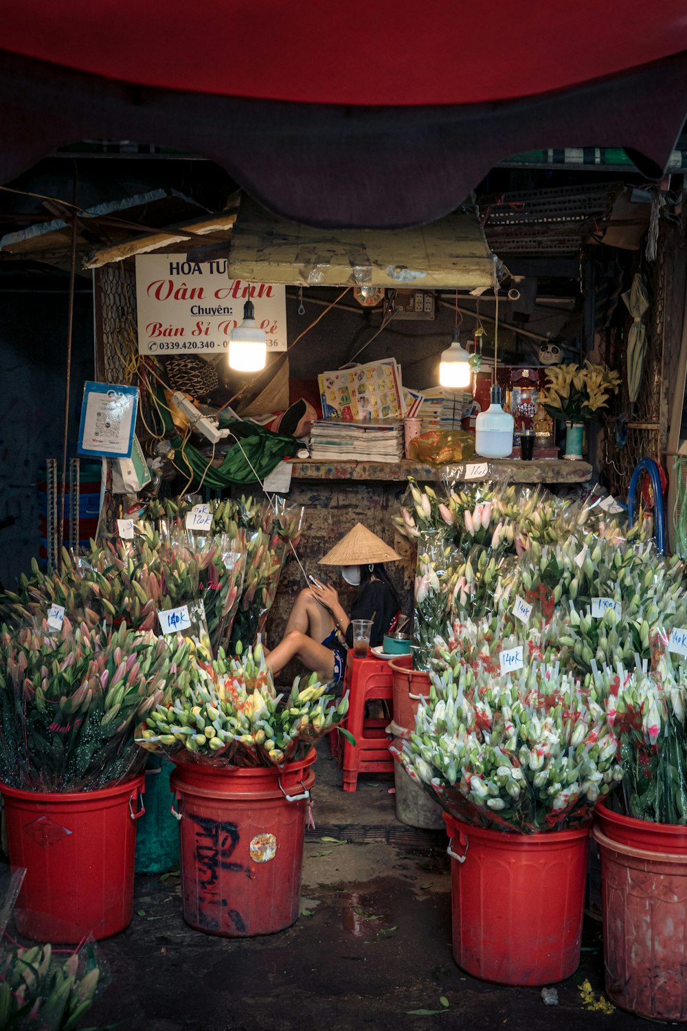 a woman sitting in a flower shop surrounded by potted plants