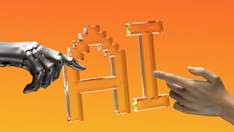 A metallic robotic hand and a human hand point towards each other at the center. Between them, there is a stylized, crystal-like representation of the letters 'AI'. The background is a gradient of orange shades.