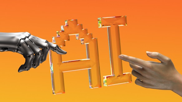 A metallic robotic hand and a human hand point towards each other at the center. Between them, there is a stylized, crystal-like representation of the letters 'AI'. The background is a gradient of orange shades.