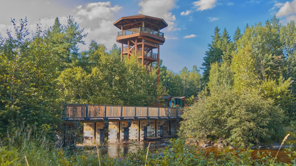 a water tower in the middle of a forest