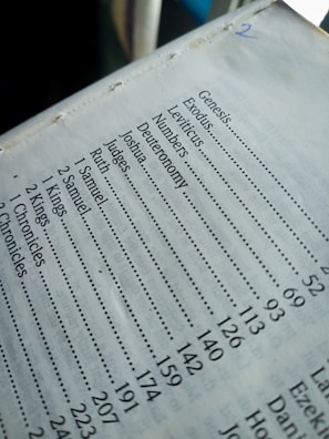 A close-up image of a Bible's table of contents page displaying the names of various books such as Genesis, Exodus, Leviticus, and Numbers alongside their respective page numbers. The text is printed in a serif font and organized in two columns, with dotted lines connecting book names to page numbers. The paper appears slightly aged with visible binding stitches at the edge.