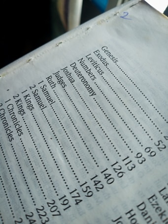 A close-up image of a Bible's table of contents page displaying the names of various books such as Genesis, Exodus, Leviticus, and Numbers alongside their respective page numbers. The text is printed in a serif font and organized in two columns, with dotted lines connecting book names to page numbers. The paper appears slightly aged with visible binding stitches at the edge.