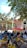 A large group of people are gathered outdoors under the shade of trees. The majority of them are sitting, wearing a variety of colorful outfits and headscarves. In the background, there is a stage decorated with a banner that suggests a community or health-related event. The surroundings include trees and structures, giving a community gathering feel.