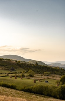 A peaceful rural landscape showing communal land with forest and fields under a clear sky.