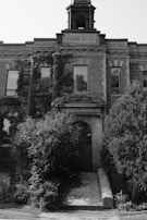 A historic brick building with a classical architectural style, featuring large rectangular windows partially obscured by overgrown vines. Above the entrance, a sign reads 'Academie Salfred'. The building is framed by lush greenery and a path leads to the main door.