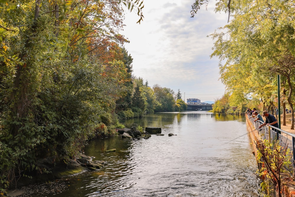 people fishing on a river near a bridge