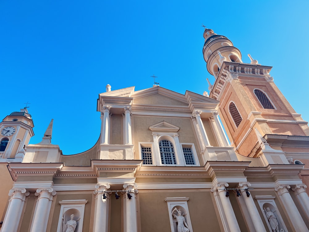 a church with a clock on the front of it