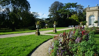 a garden with a path leading to a building