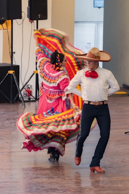 A couple performing a traditional Mexican dance, dressed in vibrant attire. The woman's dress is adorned with multicolored stripes and ruffles, while the man wears a white shirt, red tie, and a large sombrero. The background shows a simple interior setting with speakers.