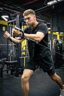A person is engaged in an intense workout at the gym, using a cable machine. They are focused and appear to be pulling on the cables with great effort. The gym environment includes modern fitness equipment and has a dark, industrial aesthetic.