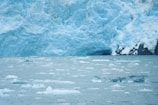 A large, rugged glacier extends across the image, with icy blue surfaces that dominate the landscape. The glacier meets a body of water filled with floating ice chunks. The ice is scattered across the surface, varying in size, creating a cold, arctic environment.