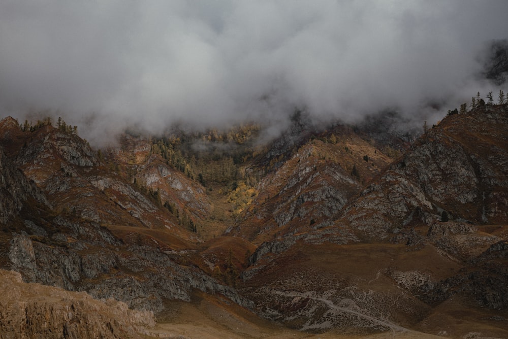 a mountain range covered in clouds and trees