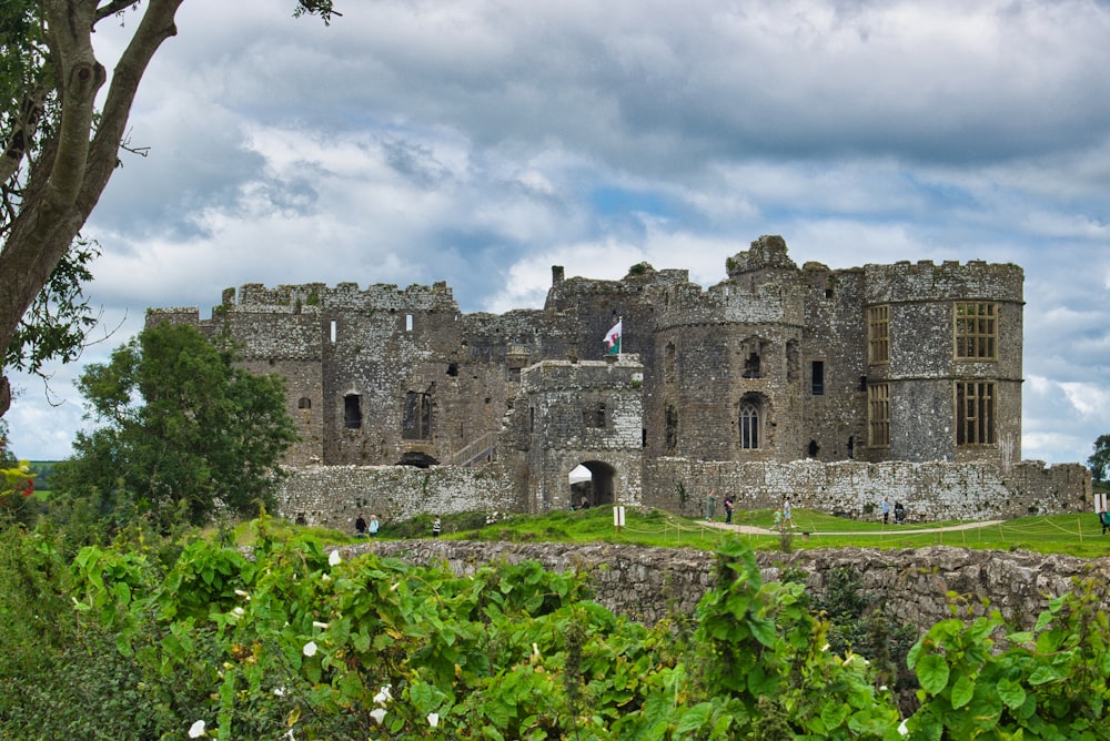 a large castle with a tall tower on top of a lush green field